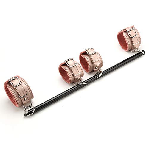 Adjustable Pilates Expandable Spreader Bar Set with 4 Adjustable Fur Straps Sports Aid Training Fitness Gear(Black+Pink Kit)