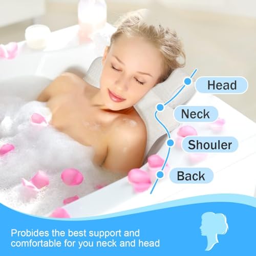 Bath Pillow for Tub, Bathtub Spa Pillow with Neck Head Back Support, Bath Cushion 5D Air Mesh Breathable Bath Pillow for Hot Tub with 6 Strong Suction Cups,Bath Tub Accessories Luxurious, White