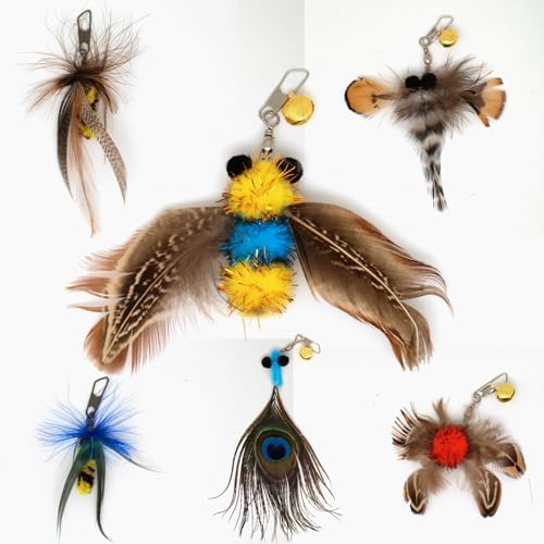 Interactive Cat Toys - 10 PCS Cat Retractable Wand Toy and Feather Toys Refills, Cat Enrichment Toys for Indoor Cats,Feather Cat Toys on a Stick,Cat Toy Small Feather Insects