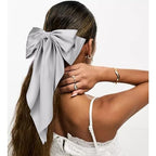 Velscrun Hair Bows for Women Girls 4Pcs White Silky Hair Bow Navy Blue Satin Large Coquette Bow Grey Big Hair Bows Clip Oversized Hair Ribbons Long Tail Black Bow Hair Barrettes Hair Accessories Gifts