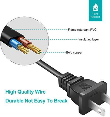 TV Power Cord AC Cable for Samsung 24" 32" 40" 43" 48" 49" 50" 55" 60" 65" 75" 80" 85" Inch LCD HD Smart 4K Curved TV UN55RU8000FXZA UN65RU7100FXZA UN43NU6900FXZA, 2 Prong Replacement Cable 6 Feet