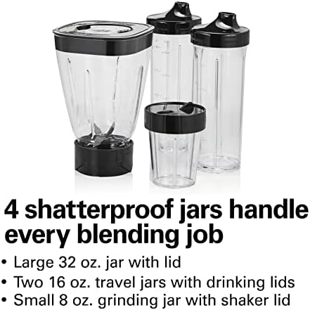 Hamilton Beach MultiBlend Smoothie Blender with 4 Shatterproof BPA Free Jars and Lids; Large 32oz Jar, 8oz Grinder for Nuts & Spices, and 2 Portable Travel Cups, 650 Watts, Black and Stainless (52400)