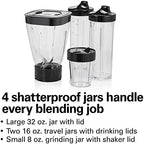 Hamilton Beach MultiBlend Smoothie Blender with 4 Shatterproof BPA Free Jars and Lids; Large 32oz Jar, 8oz Grinder for Nuts & Spices, and 2 Portable Travel Cups, 650 Watts, Black and Stainless (52400)