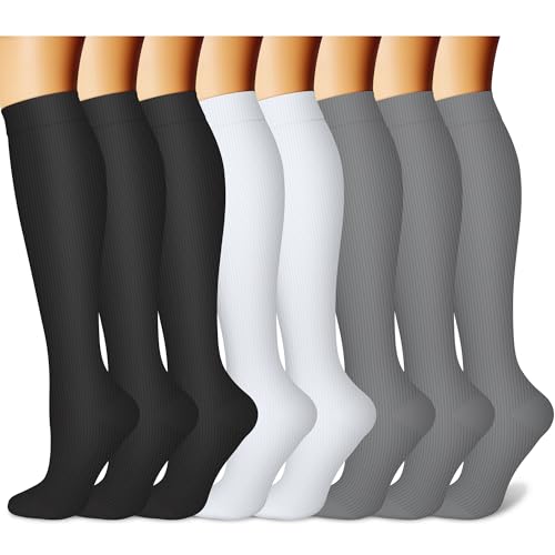 CHARMKING Compression Socks for Women & Men (8 Pairs) 15-20 mmHg Graduated Copper Support Socks are Best for Pregnant, Nurses - Boost Performance, Circulation, Knee High & Wide Calf (S/M, Multi 55)