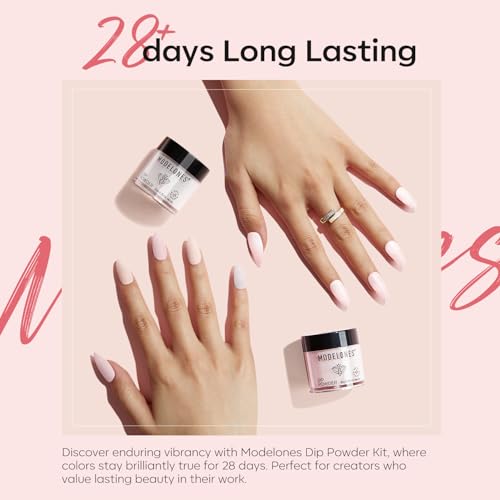 Modelones Dip Powder Nail Kit, 4 Colors White Nude Pink Glitter Dipping Starter Set with Liquid and Complete Accessories for French Nails Art Salon DIY at Home Manicure