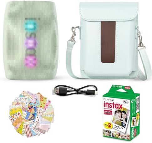 Fujifilm Instax Mini Link 3 Smartphone Printer Sage Green + Fuji Film Value Pack (20 Sheets)+ Shutter Accessories Bundle, Incl. Protective Case, 20 Sticker Frames, USB Type C Cable