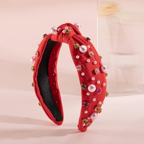 Valentine’s Day Pearl Headband for Women Holiday Red Pink Crystal Jeweled Knotted Headband Red Wide Top Knot Headband Valentine’s Day Hair Accessories Gifts (Valentine -pearl Red)