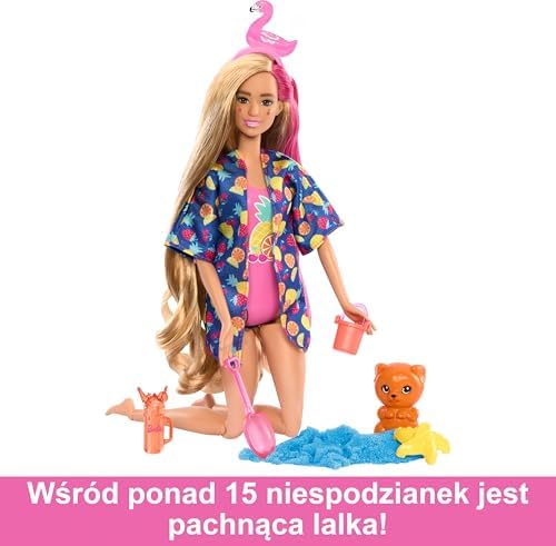 Barbie Pop Reveal Doll & Accessories, Rise & Surprise Fruit Series Gift Set with Scented Doll & Squishy Pet, Color Change, Moldable Sand & More, 15+ Surprises
