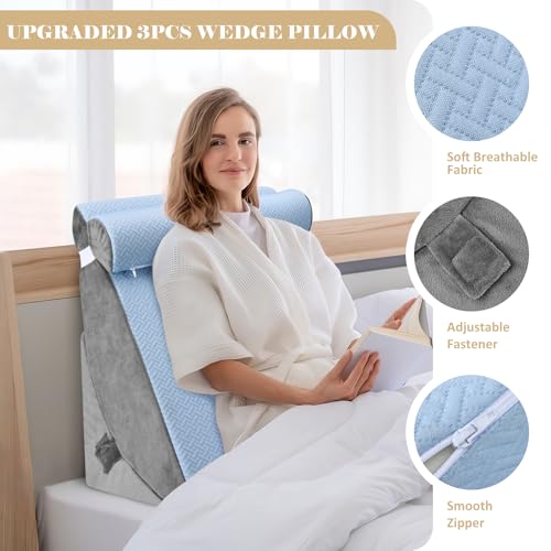 BEYOUDO 3pcs Bed Wedge Pillow Set, Adjustable Bed Wedge Pillow for Sleeping, 7 & 12 Inch Wedge Pillow Headboard for Acid Reflux and Back Pain Relief, Post Surgery, Snoring, Back Support, Light Blue