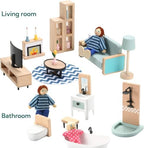 36pcs Wooden Dollhouse Furniture Set 5 Rooms with 4 Family Dolls, Wood and Plastic Blue Dollhouse Accessories, Pretend Play Furniture Toys Christmas Birthday Gift for Boys Girls & Kids Toddlers 3Y+