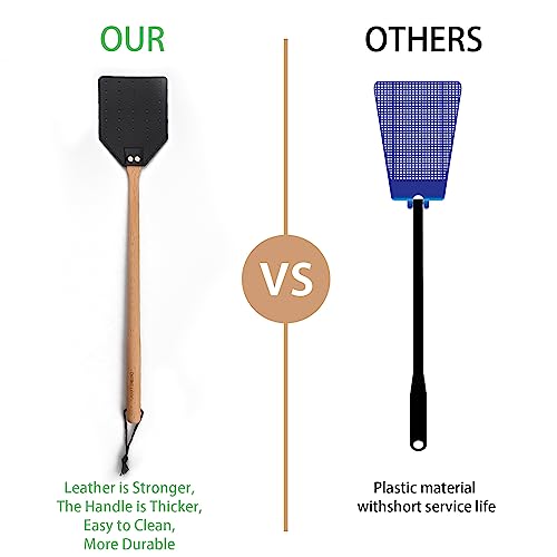 DEBETOOL 2 Pack Sturdy Leather Fly Swatter for Indoors - (19.7”)Long Handle Heavy Duty Wood Fly Swatter With Hanging Rope, Durable Fly Swatter for Outdoor Rustic Bug Swatter Flies,Mosquitoes And Bees