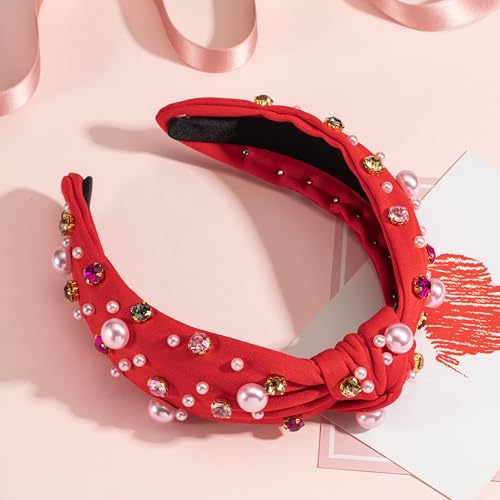 Valentine’s Day Pearl Headband for Women Holiday Red Pink Crystal Jeweled Knotted Headband Red Wide Top Knot Headband Valentine’s Day Hair Accessories Gifts (Valentine -pearl Red)