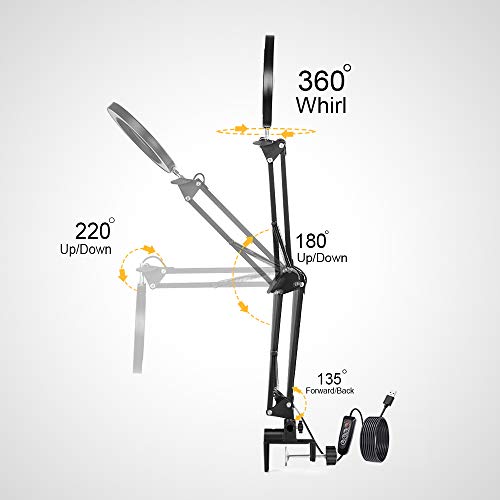 Magnifying Glass Light Clamp Desktop Lamp Stand Desk Table Close Work Up for Crafting, Model Assembly, Reading, Sewing, Jewelry Making, 10X-5X HD Magnifier 50 illumination Options for Elderly