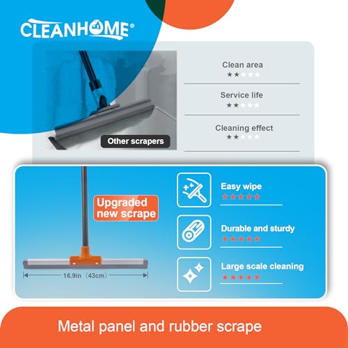 CLEANHOME Rubber Floor Squeegee for Concrete Floor, Tile Floor, Metal Aluminium Heavy Duty Garage Shower Floor Squeegee Broom for Removing Water, Commercial Squeegee Mop with Extendable Long Handle