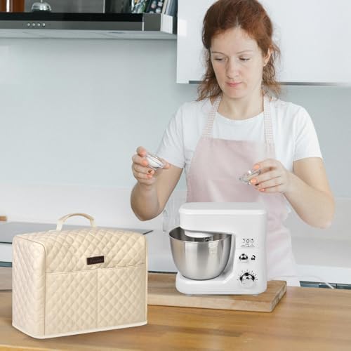 Cover for KitchenAid 3.5 Qt Stand Mixer, for KitchenAid Ice Cream Maker Attachment Stand Mixer 2 Quart, Case with Top Handle, Pockets for Extra Accessories,Beige(Bag Only)