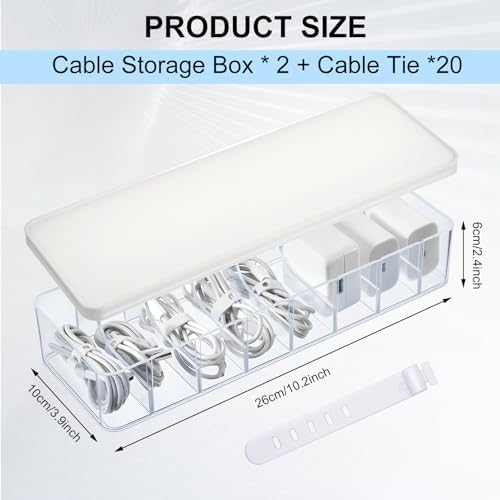 Tatuo 2 Pcs Cable Organizer with 20 Wire Ties, White Clear Plastic Cord Storage Box with Lid for Home Office Desk Organizers and Accessories