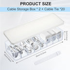 Tatuo 2 Pcs Cable Organizer with 20 Wire Ties, White Clear Plastic Cord Storage Box with Lid for Home Office Desk Organizers and Accessories