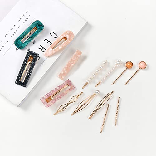 Mehayi 20 PCS Pearls and Acrylic Resin Hair Clips, Handmade Hair Barrettes, Marble Alligator bobby pins, Glitter Crystal Geometric Hairpin, Elegant Gold Hair Accessories, Gifts for Women Girls