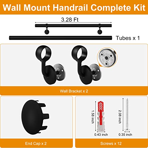 ROTHLEY Pipe Handrails for Indoor Stairs: 3.3FT Stair Railing Steel Hand Railings for Stairs Indoor Wall Mount Stair Handrail Complete Kit 1.6" Round Metal Stair Railing for Elderly & Kids