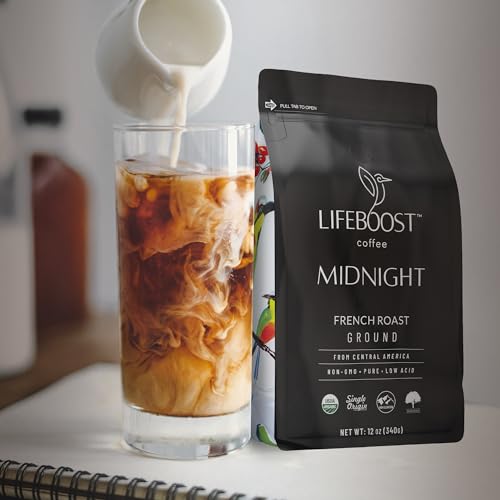 LIFEBOOST Midnight Coffee French Roast Coffee Ground - Single Origin USDA Organic Low Acid Coffee French Roast - Non-GMO Ground Coffee - Third Party Tested For Mycotoxins & Pesticides - 12 Ounces