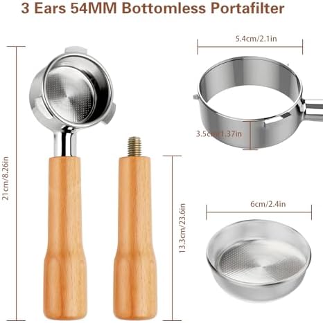 54mm Bottomless Portafilter Breville 3 Ears with Filter Stainless Basket and Solid Wood Handle, Bottomless Portafilter 54mm Compatible with Breville Espresso Machine, Coffee Accessories