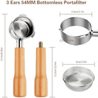 54mm Bottomless Portafilter Breville 3 Ears with Filter Stainless Basket and Solid Wood Handle, Bottomless Portafilter 54mm Compatible with Breville Espresso Machine, Coffee Accessories