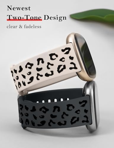 Minyee 2 Pack Leopard Engraved Band Compatible with Fitbit Versa 4/Versa 3/Sense 2/Sense Band Women, Two-Tone Cheetah Soft Silicone Sport Designer Fancy Summer Replacement Wristband Strap for Versa 4