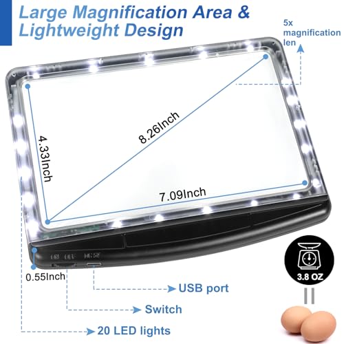 Tobegiga Rechargeable 5X Magnifying Glass for Reading, Large Ultra Bright LED Full Page Magnifier for Seniors, Lightweight HandHeld Magnifying Page for Reading Book Prints, Gift for Elderly Low Vision