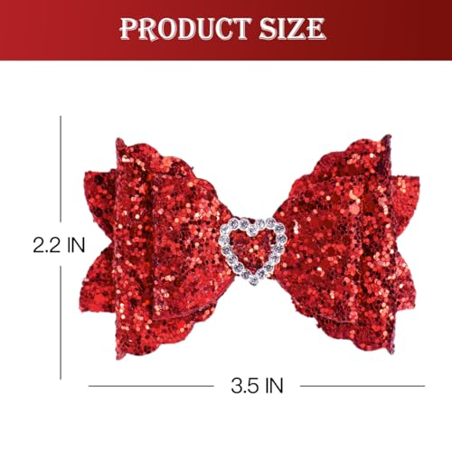 IKOLA Hair Bows for Girls Glitter Hair Clips with Rhinestones Heart Non Slip Metal Alligator Clips Hair Barrettes Sparkly Hair Accessories for Valentine's Day Christmas Back to School - Red