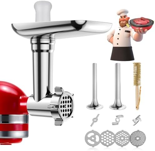 Metal Food Grinder Attachments for KitchenAid Stand Mixers, Meat Grinder, Sausage Stuffer, Perfect Mixer Attachment for KitchenAid Mixers, 15pcs Meat Grinder Accessories Set, Silver