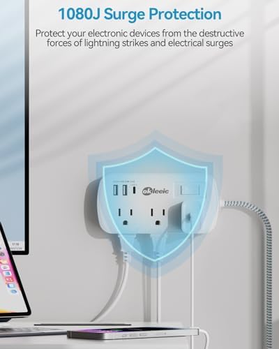 Short Extension Cord 3ft - Small Power Strip Flat Plug Surge Protetor with 6 Outlets 3 USB (3.4A/17W) Charging Ports, Multi Plug Wall Outlet Splitter for Home Bedroom Hotel Office Desktop Accessories
