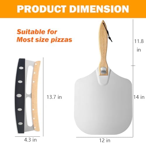 Pizza Oven Accessories Kit w/ 12 inch Pizza Peel, Pizza Oven Brush & Stone Scraper, 14 inch Pizza Cutter Rocker Blade - Tools & Supplies Set - Compatible with Outdoor Ooni, Gozney, Ninja, Solo Ovens