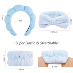 VELSCRUN 6 Pack Spa Headbands - Makeup, Face Wash, Skincare Hair Accessories With Blue Sponge Bow Tie Wristbands, Women's Gift Set