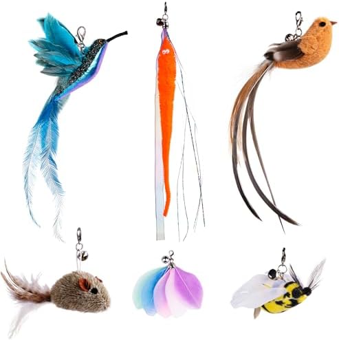 JXFUKAL Cat Feather Toy Refills, 6Pcs Simulation Bird Mouse Bee Worm Feather Cat Lures Wand Attachment Toys Replacement for Kitty Kitten Indoor Cats Accessories