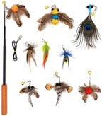 Interactive Cat Toys - 10 PCS Cat Retractable Wand Toy and Feather Toys Refills, Cat Enrichment Toys for Indoor Cats,Feather Cat Toys on a Stick,Cat Toy Small Feather Insects
