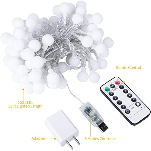 Minetom 33 Feet 100 Led Mini Globe String Lights, USB Fairy String Lights Plug in, 8 Modes with Remote, Decor for Indoor Outdoor Party Wedding Christmas Tree Garden, Warm and Multi