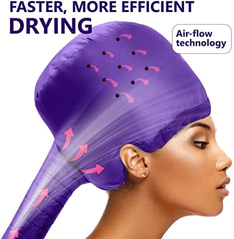 Bonnet Hair Dryer w/A Headband Integrated That Reduces Heat Around Ears & Neck - Hair Dryer Diffuser Cap for Hair Dryer Curly Hair, Speeds Up Drying Time, Deep Conditioning at Home - Large (Purple)