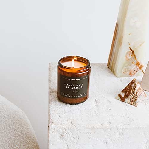 Calyan Wax Soy Wax Candle, Lavender & Bergamot Scented Candle for The Home | Premium Soy Candle with Essential Oils | Soy Candle in Amber Glass Jar | Aromatherapy Gift