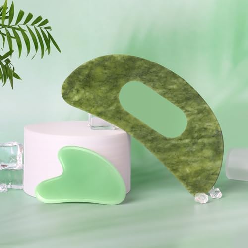 Jade Stone Gua Sha Massage Tool Set Larger Guasha Board with Handle Muscle Scraping Massage Tools Facial Anti Cellulite Spa Acupuncture Tools for Back Neck Face Leg Massage, Lymphatic Drainage