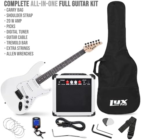 LyxPro 39 inch Electric Guitar Kit Bundle with 20w Amplifier, All Accessories, Digital Clip On Tuner, Six Strings, Two Picks, Tremolo Bar, Shoulder Strap, Case Bag Starter kit Full Size - White