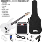 LyxPro 39 inch Electric Guitar Kit Bundle with 20w Amplifier, All Accessories, Digital Clip On Tuner, Six Strings, Two Picks, Tremolo Bar, Shoulder Strap, Case Bag Starter kit Full Size - White