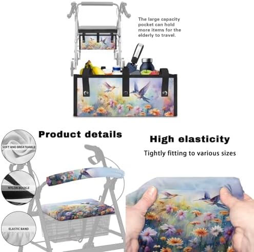 LedBack Universal Walker Accessories Hummingbird Daisy Walker Seat Covers Rollator Walker Seat and Backrest Covers Underseat Pouch Tote for Rolling Walkers