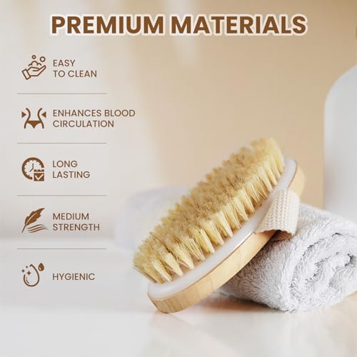 POPCHOSE Dry Brushing Body Brush, Dry Brush for Body, Natural Bristle Dry Skin Exfoliating Brush Body Scrub for Flawless Skin, Cellulite Reduction, Lymphatic Drainage and Blood Circulation Improvement