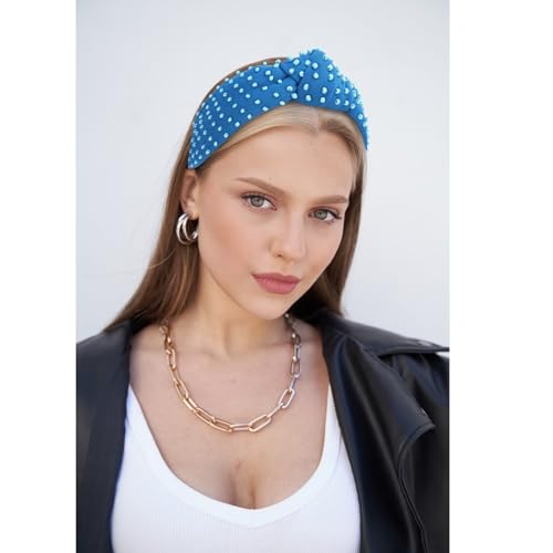 YISSION 1PC Pearl Knotted Headband for Women Non Slip Beaded Headband Wide Pearl Headbands for women Jeweled Embellished Hairband Blue Head Band Hair Accessories for Women Girls