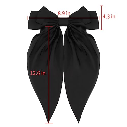 Hair Bow Clip, 2 Pcs Silky Satin Hair Bows for Women Hair Ribbons Oversized Long Tail Black Hair Bow and Red Hair Bow Hair Barrettes, Metal Clips Bowknot Hair Accessories, Christmas Gifts