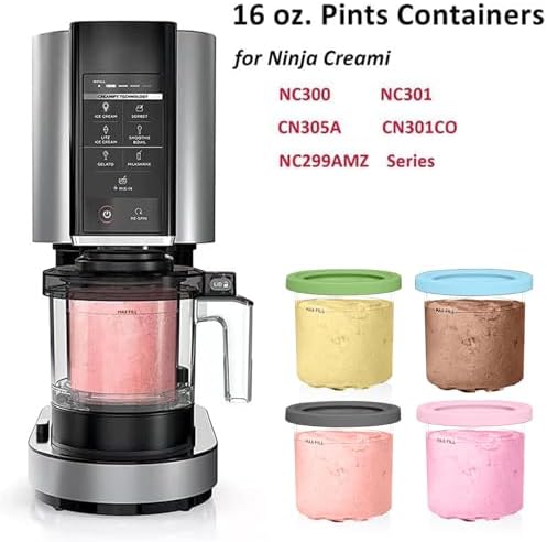 Containers Replacement for Ninja Creami Pints and Lids - 4 Pack, 16oz Cups Compatible with NC301 NC300 NC299AMZ Series Ice Cream Maker - Dishwasher Safe, Leak Proof Lids Pink/Mint/Grey/Blue