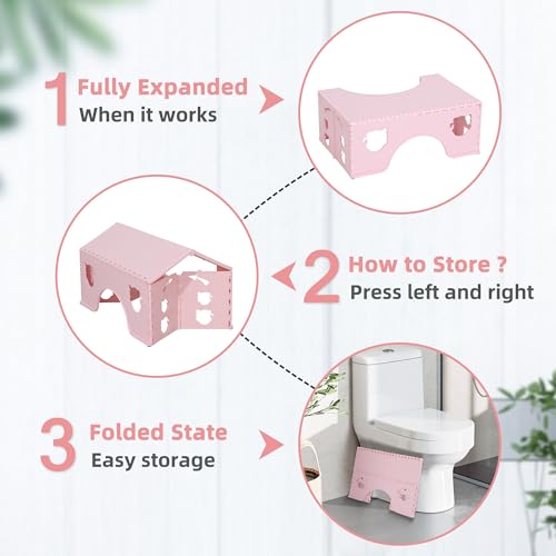 7inches Foldable Toilet Stool (Pink), Healthy Bathroom Squatting Posture Poop Stool with Anti-Slip Feet, A Good Helper to Effective Relief of Constipation, Easy to Storage Toilet Squat Stool