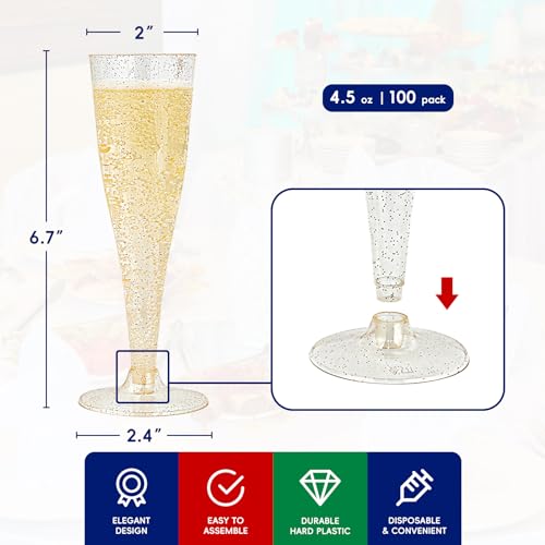 JOLLY CHEF 100 Pack Plastic Champagne Flutes Disposable 4.5 oz Gold Glitter Plastic Champagne Glasses Perfect for Wedding, Thanksgiving Day, Christmas