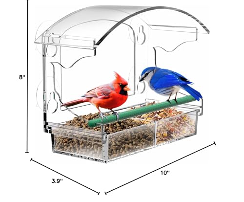 BPYOT Clear Acrylic Window Bird Feeder for Outside with 4 Strong Suction Cups and Detachable Seed Tray, are Unique Gardening Gifts for Parents/Elderly Grandpa/Grandma/Grandparents