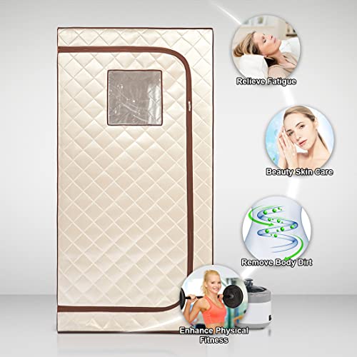 Full Body Home Steam Sauna Set, 4L Large Steam Pot One Person Portable Sauna Spa with Time & Temperature Remote Control, Upgraded Chair for Detox Therapy （Beige Brown, 33.9" L*33.9" W*65.8" H）